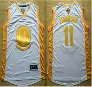 Golden State Warriors #11 Klay Thompson 2015 NBA Final Game Gold Name White Jersey