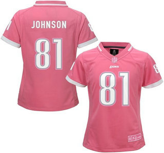 Women's Detroit Lions #81 Calvin Johnson Pink Bubble Gum 2015 NFL Jersey