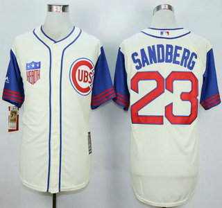 Men's Chicago Cubs #23 Ryne Sandberg Cream With Blue 1942 Turn Back The Clock Jersey