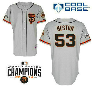 Men's San Francisco Giants #53 Chris Heston Alternate Gray SF Stitched MLB Cool Base Jersey With 2014 World Series Champions Patch