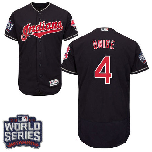 Men's Cleveland Indians #4 Juan Uribe Navy Blue 2016 World Series Patch Stitched MLB Majestic Flex Base Jersey