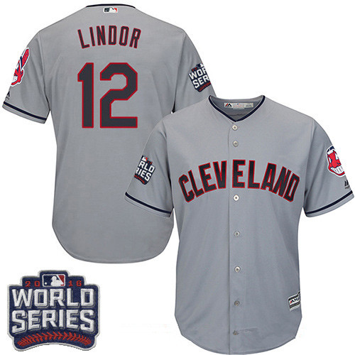 Men's Cleveland Indians #12 Francisco Lindor Gray Road 2016 World Series Patch Stitched MLB Majestic Cool Base Jersey