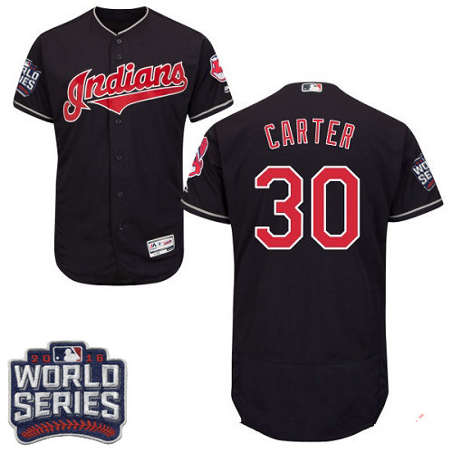 Men's Cleveland Indians #30 Joe Carter Navy Blue 2016 World Series Patch Stitched MLB Majestic Flex Base Jersey