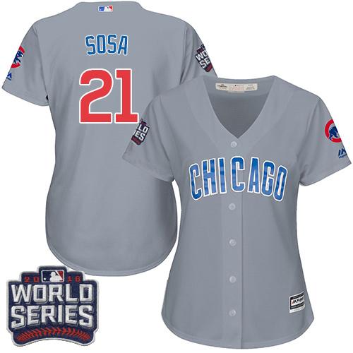 Cubs #21 Sammy Sosa Grey Road 2016 World Series Bound Women's Stitched MLB Jersey