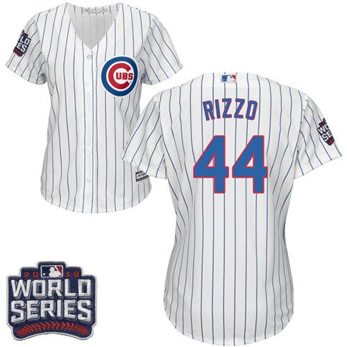 Cubs #44 Anthony Rizzo White(Blue Strip) Home 2016 World Series Bound Women's Stitched MLB Jersey