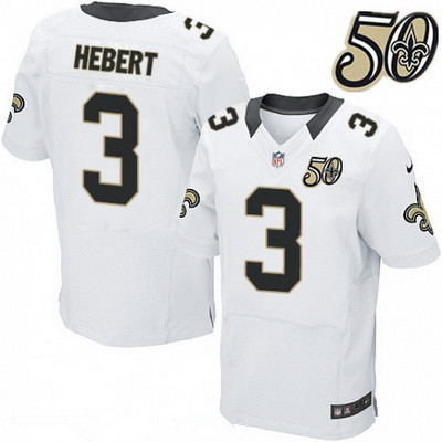 Men's New Orleans Saints #3 Bobby Hebert White 50th Season Patch Stitched NFL Nike Elite Jersey