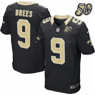 Men's New Orleans Saints #9 Drew Brees Black 50th Season Patch Stitched NFL Nike Elite Jersey