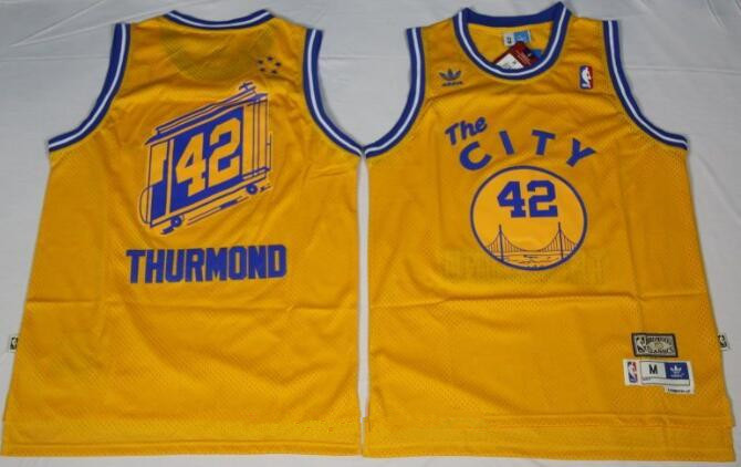 Men's Golden State Warriors #42 Nate Thurmond The City Yellow Hardwood Classics Soul Swingman Throwback Jersey