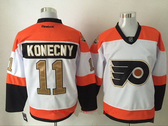 Men's Philadelphia Flyers #11 Travis Konecny White 50th Gold Stitched NHL 2016-17 Reebok Hockey Jersey