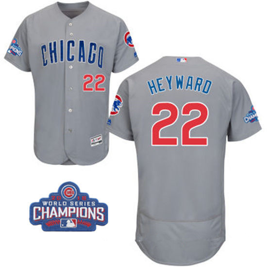 Men's Chicago Cubs #22 Jason Heyward Gray Road Majestic Flex Base 2016 World Series Champions Patch Jersey