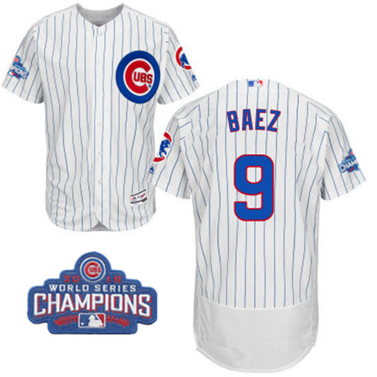 Men's Chicago Cubs #9 Javier Baez White Home Majestic Flex Base 2016 World Series Champions Patch Jersey