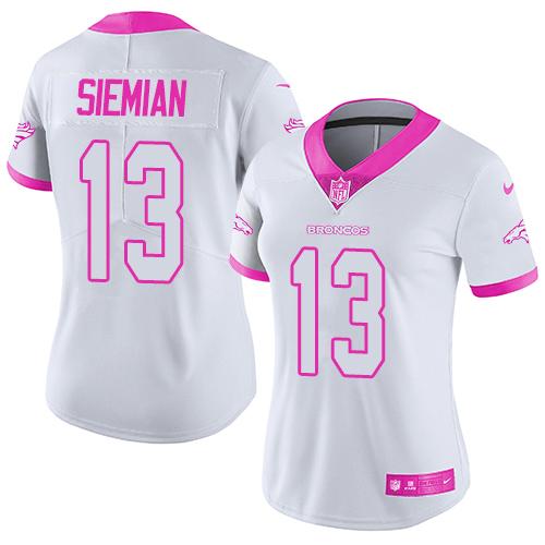 Nike Broncos #13 Trevor Siemian White Pink Women's Stitched NFL Limited Rush Fashion Jersey