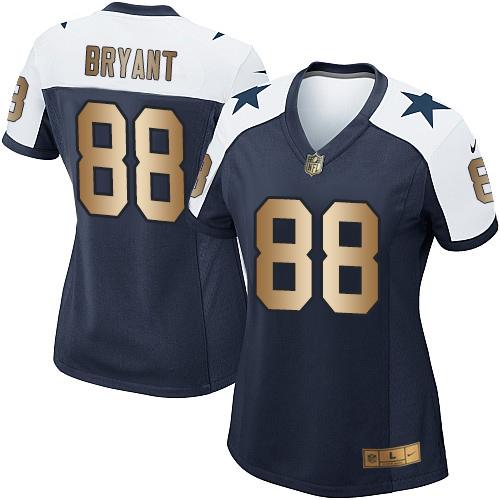 Nike Cowboys #88 Dez Bryant Navy Blue Thanksgiving Throwback Women's Stitched NFL Elite Gold Jersey