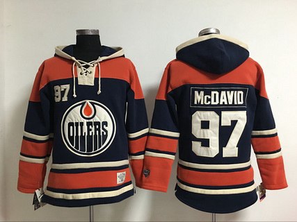 Men's Edmonton Oilers #97 Connor McDavid Old Time Hockey Navy Blue Hoodie