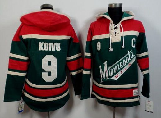 Men's Minnesota Wild #9 Mikko Koivu Old Time Hockey Green With Red Hoodie