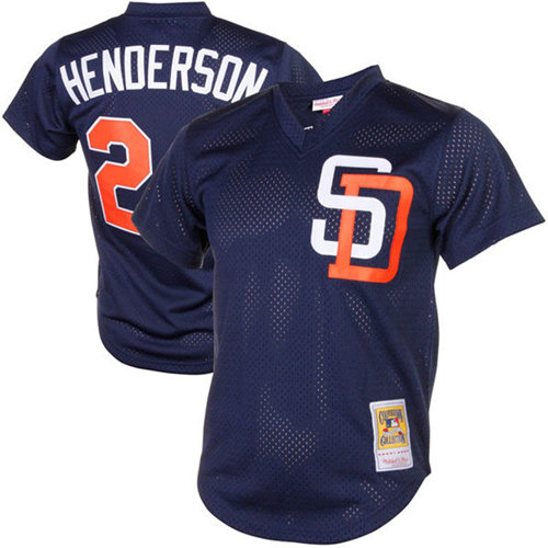 Men's San Diego Padres #24 Rickey Henderson Throwback Cooperstown Collection Mesh Batting Practive Navy Blue Jersey