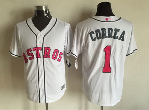 Men's Houston Astros #1 Carlos Correa White With Pink 2016 Mother's Day Baseball Cool Base Jersey