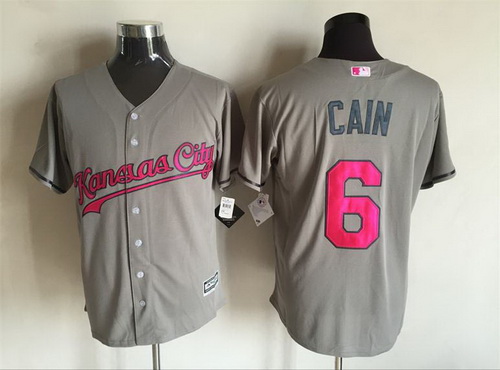 Men's Kansas City Royals #6 Lorenzo Cain Gray With Pink 2016 Mother's Day Baseball Cool Base Jersey