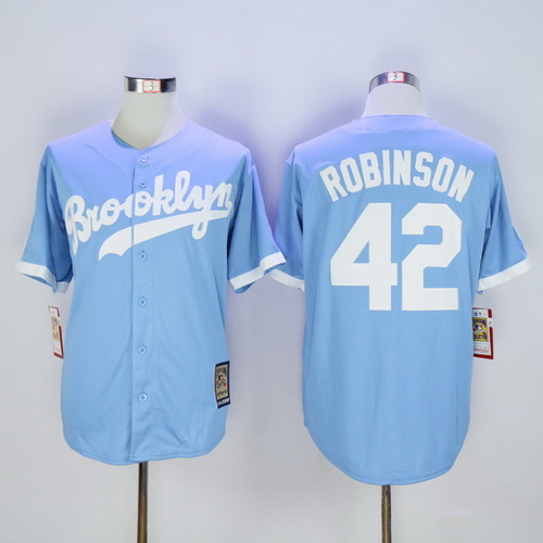 Men's Brooklyn Dodgers #42 Jackie Robinson Retired Light Blue Majestic Cooperstown Collection Throwback Jersey