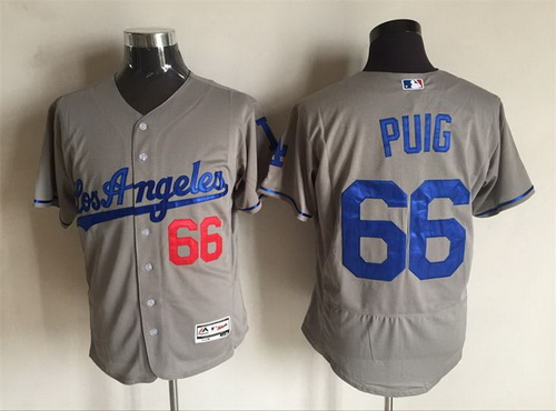 Men's Los Angeles Dodgers #66 Yasiel Puig Gray Road 2016 Flexbase Majestic Baseball Jersey