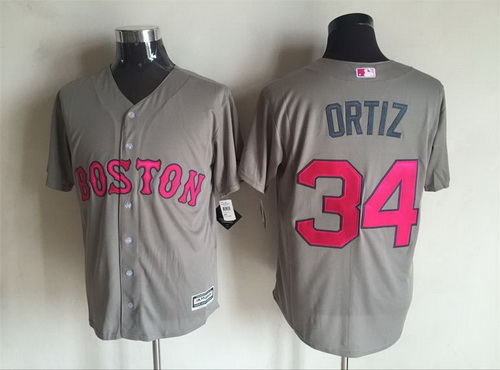 Men's Boston Red Sox #34 David Ortiz Gray With Pink 2016 Mother's Day Baseball Cool Base Jersey