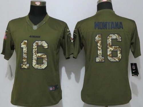 Women's San Francisco 49ers #16 Joe Montana Retired Player Green Salute to Service NFL Nike Limited Jersey