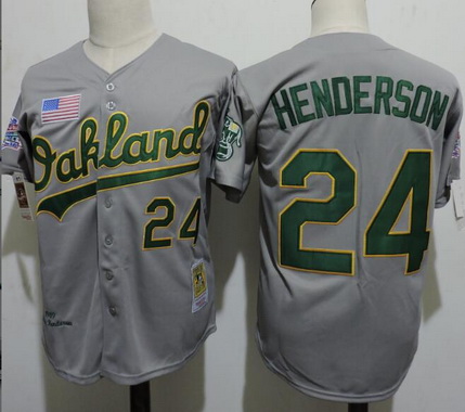 Men's Oakland Athletics #24 Rickey Henderson Gray Road Mitchell & Ness 1989 Throwback Collection Baseball Jersey