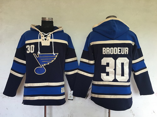 Men's St. Louis Blues #30 Martin Brodeur Navy Blue Old Time Hockey Hoodie