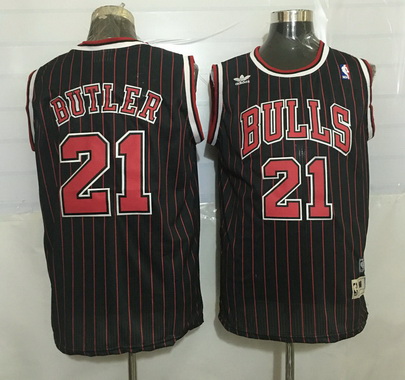 Men's Chicago Bulls #21 Jimmy Butler Black Pinstripe Hardwood Classics Soul Swingman Throwback Jersey