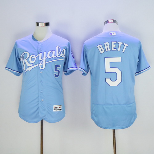 Men's Kansas City Royals #5 George Brett Retired Light Blue 2015 World Series Champions Gold Program FlexBase Jersey