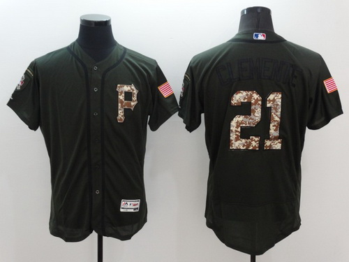 Men's Pittsburgh Pirates #21 Roberto Clemente Retired Green Salute to Service 2016 Flexbase Majestic Baseball Jersey