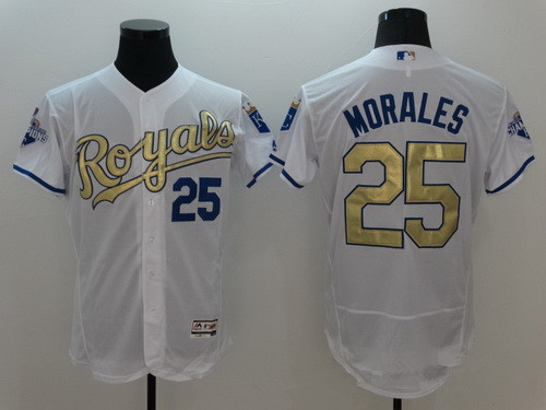 Men's Kansas City Royals #25 Kendrys Morales Majestic White World Series Champions Gold Program FlexBase Player Jersey