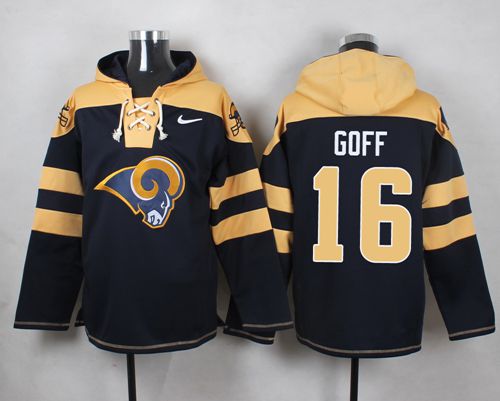 Nike Rams #16 Jared Goff Navy Blue Player Pullover Hoodie