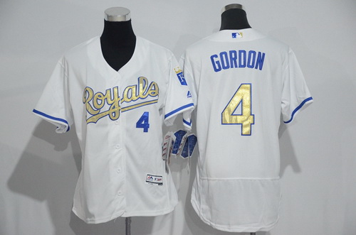 Women's Kansas City Royals #4 Alex Gordon White Champions Gold Program 2016 FlexBase Jersey