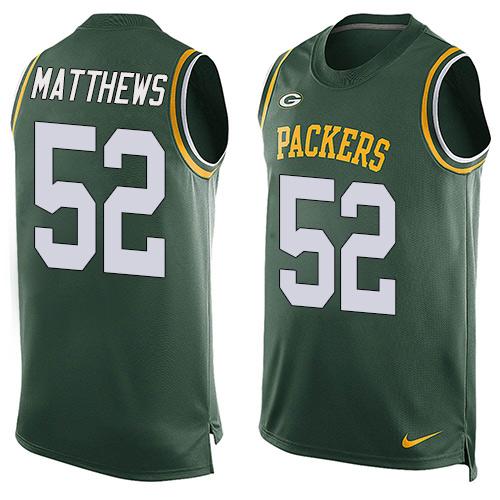 Men's Green Bay Packers #52 Clay Matthews Green Hot Pressing Player Name & Number Nike NFL Tank Top Jersey