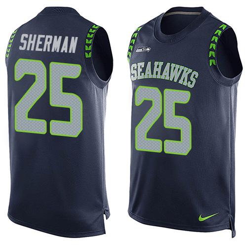 Men's Seattle Seahawks #25 Richard Sherman Navy Blue Hot Pressing Player Name & Number Nike NFL Tank Top Jersey