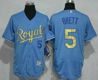 Men's Kansas City Royals #5 George Brett Retired Light Blue 2015 World Series Champions Gold Program Flex Base Jersey