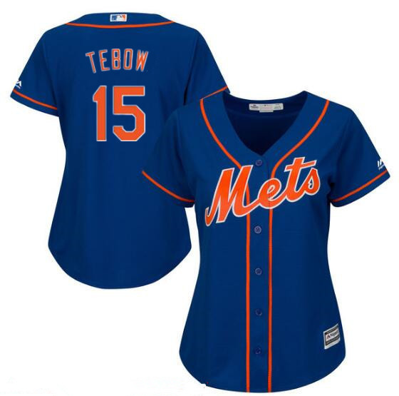 Women's New York Mets #15 Tim Tebow Blue With Orange Stitched MLB Majestic Cool Base Jersey