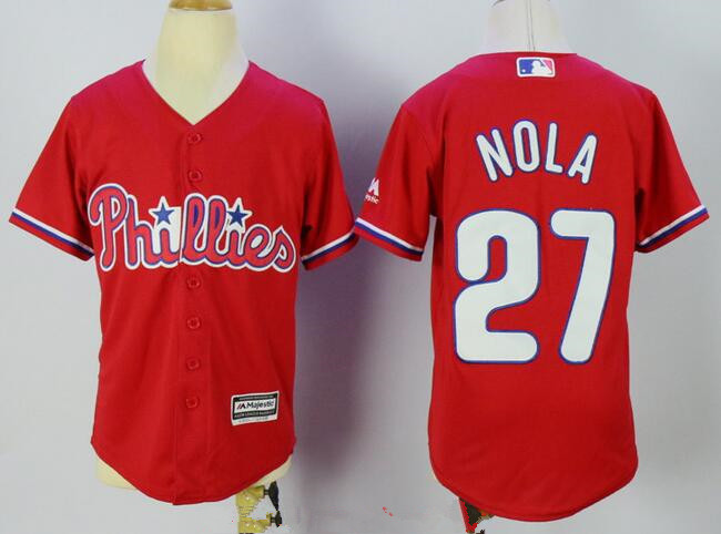 Youth Philadelphia Phillies #27 Aaron Nola Red Stitched MLB Majestic Cool Base Jersey