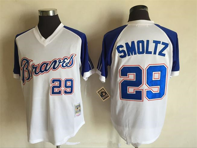 Men's Atlanta Braves #29 John Smoltz 1974 White Stitched MLB Throwback Jersey By Mitchell & Ness