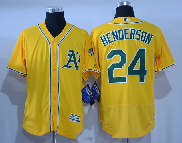 Men's Oakland Athletics #24 Rickey Henderson Retired Yellow Stitched MLB 2016 Majestic Flex Base Jersey