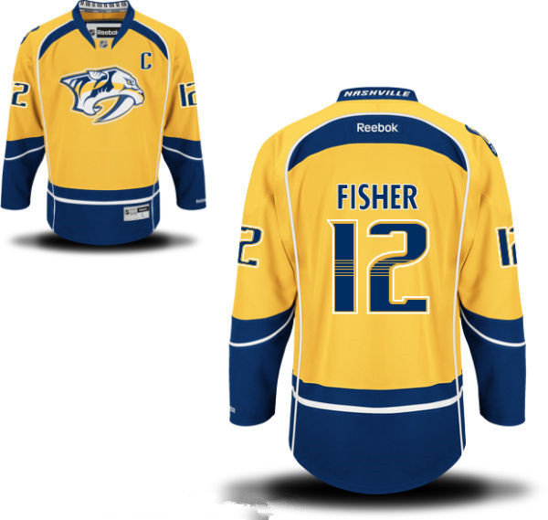 Men's Nashville Predators #12 Mike Fisher Yellow Home C Patch Stitched NHL Reebok Hockey Jersey