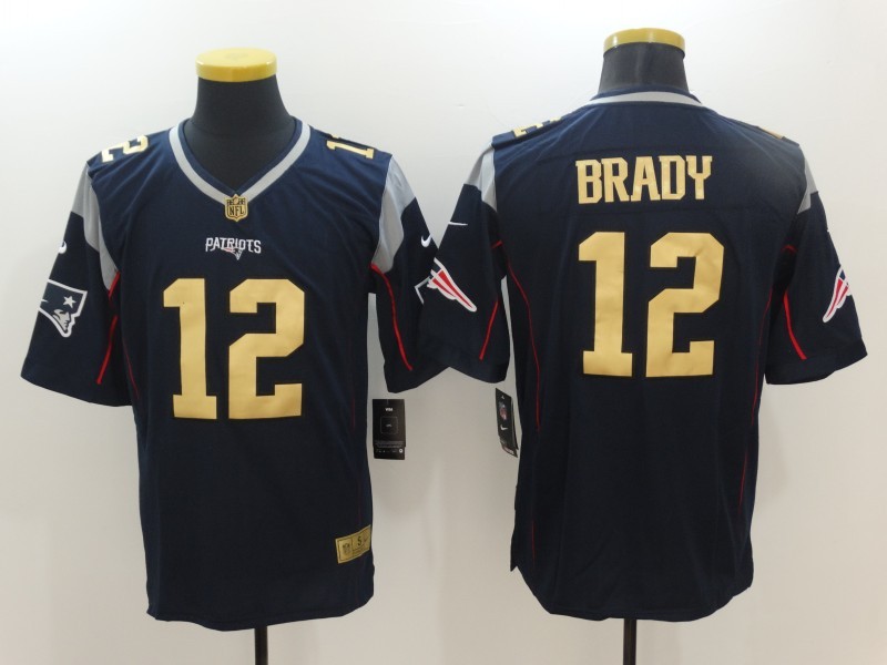 Men's New England Patriots #12 Tom Brady Navy Blue With Gold Stitched NFL Nike Limited Jersey