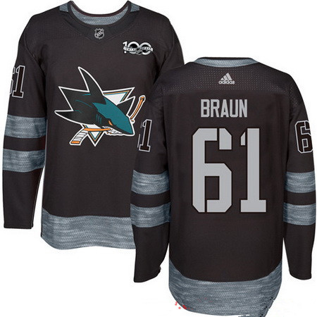 Men's San Jose Sharks #61 Justin Braun Black 100th Anniversary Stitched NHL 2017 adidas Hockey Jersey