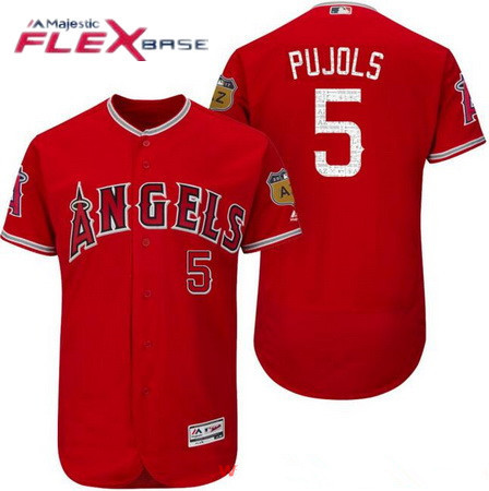 Men's Los Angeles Angels of Anaheim #5 Albert Pujols Red 2017 Spring Training Stitched MLB Majestic Flex Base Jersey