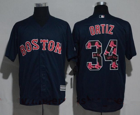 Men's Boston Red Sox #34 David Ortiz Navy Blue Team Logo Ornamented Stitched MLB Majestic Cool Base Jersey