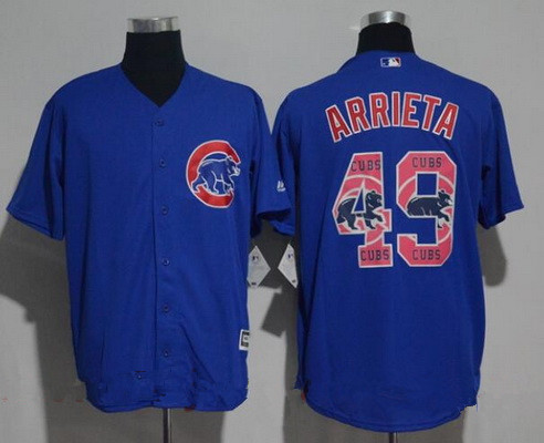 Men's Chicago Cubs #49 Jake Arrieta Royal Blue Team Logo Ornamented Stitched MLB Majestic Cool Base Jersey