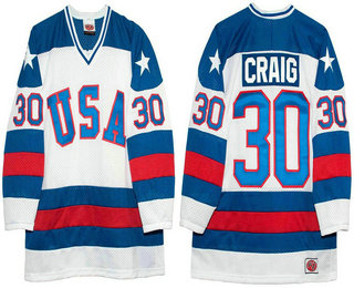 Men's 1980 Olympics USA #30 Jim Craig White Throwback Stitched Vintage Ice Hockey Jersey