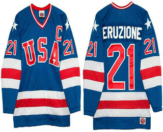 Men's 1980 Olympics USA #21 Mike Eruzione Royal Blue Throwback Stitched Vintage Ice Hockey Jersey