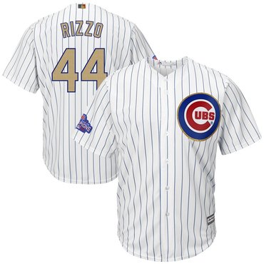 Men's Chicago Cubs #44 Anthony Rizzo White World Series Champions Gold Stitched MLB Majestic 2017 Cool Base Jersey